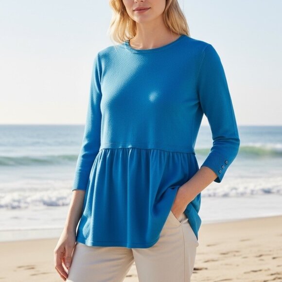 LL Bean Angora Blend ¾ Sleeve Blue Peplum Babydoll Sweater Womens Size Medium - Picture 1 of 8